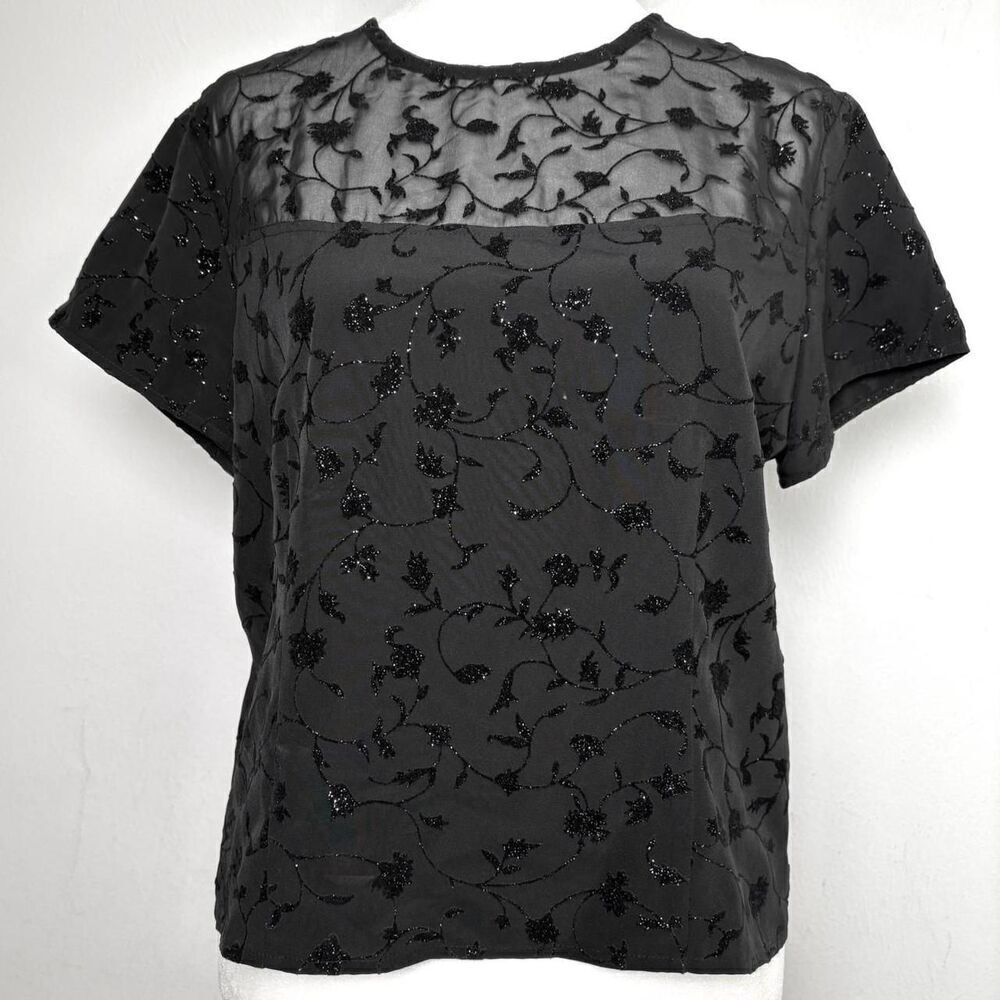 Vintage 90s Y2K Sparkly Dark Romantic Whimsygoth Fairy Black Top Sheer Panel